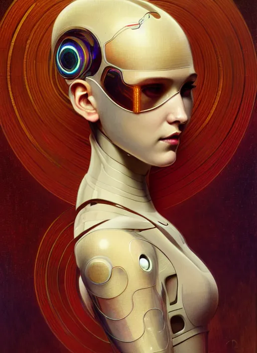 Prompt: portrait of a beautiful female android, coy, circuitry visible in head, in the style of ex machina, karol bak, alphonse mucha, greg rutkowski, award winning, hr giger, artstation, 8 k