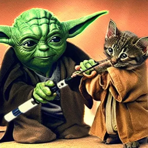 Image similar to Jedi master yoda teaching a kitten how to use a lightsaber