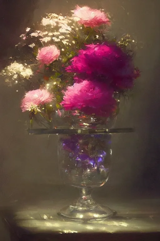 Image similar to lush flowers in a crystal vase by jeremy mann and greg rutkowski, beautiful cinematic lights, trending on artstation, oil on canvas