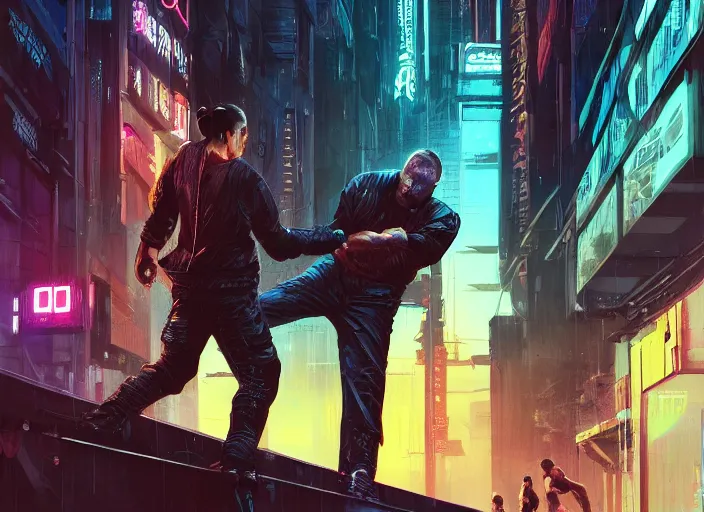 Image similar to cyberpunk jujitsu match ( blade runner 2 0 4 9, dystopian, cyberpunk 2 0 7 7 character design ). portrait by james gurney and laurie greasley, oil on canvas. cinematic, hyper realism, realistic proportions, anatomy, dramatic lighting, high detail 4 k