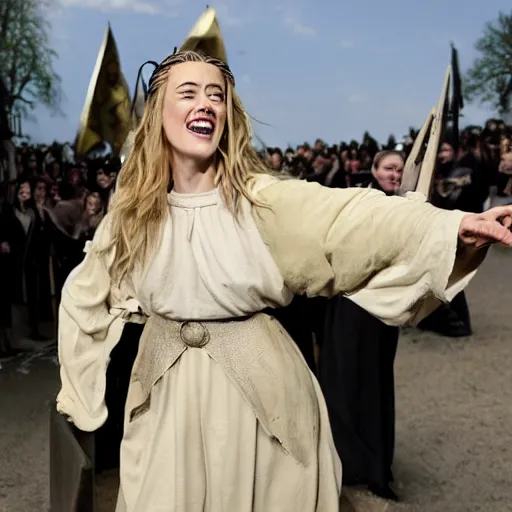 Image similar to Amber Heard as Joan of Arc being led to the gallows, she is wearing prison rags, she is laughing, the crowd is cheering