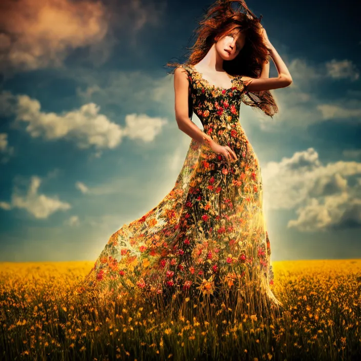 Prompt: photo of a very beautiful!! woman on intricate dress in an endless heavenly meadow, 8 k, hdr, smooth, sharp focus, high resolution, award - winning photo, trending on artstation, dslr, 5 0 mm