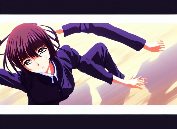 Prompt: anime visual, full body illustration a young woman in a fight at school, handsome face by ilya kuvshinov, yoshinari yoh, makoto shinkai, katsura masakazu, dynamic perspective pose, detailed facial features, kyoani, rounded eyes, crisp and sharp, cel shad, anime poster, ambient light,