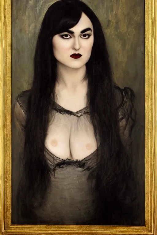 Prompt: upper body portrait sasha grey as morticia addams by alfred stevens