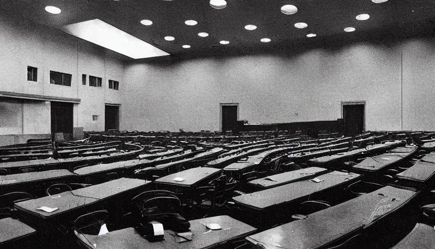 Image similar to 60s movie still of a sovietic stalinist style empty soviet congress with red wall, LOMOCHROME PURPLE FILM 100-400 35MM, liminal Space style, heavy grain