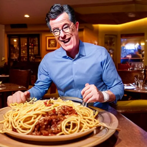 Image similar to stephen colbert punching a plate of spaghetti at olive garden