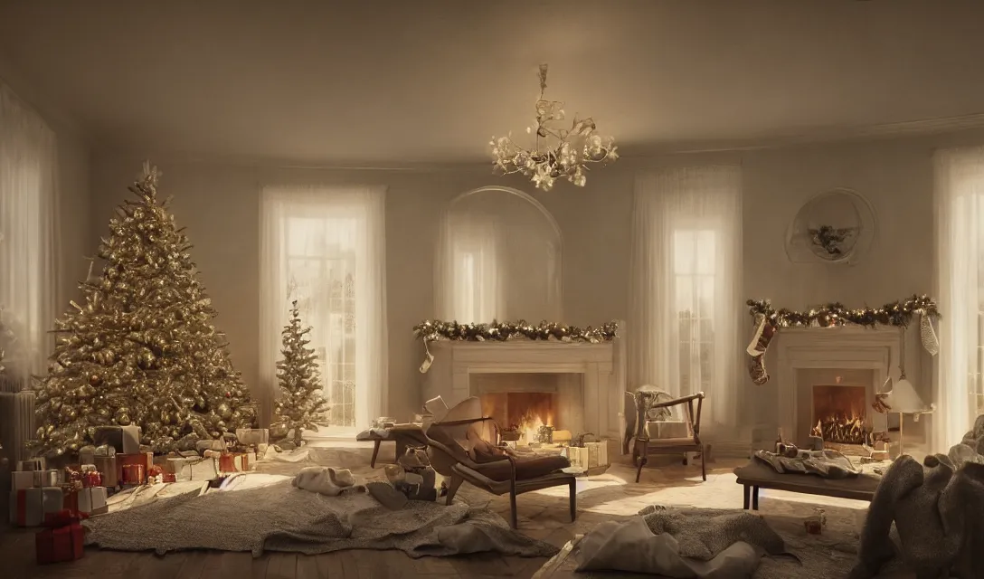 Image similar to a christmas eve in a beautiful home, photorealistic landscape painting on the wall, ascher clemens, home, interior, octane render, deviantart, greg rutkowski, cinematic, key art, hyperrealism, canon eos c 3 0 0, ƒ 1. 8, 3 5 mm, 8 k, medium - format print