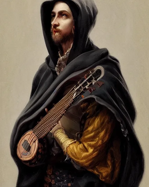 Prompt: baroque portrait of a shadowy man wearing a hooded cloak, playing a magical mandolin, gallery art by peter mohrbacher, artstation, artgate