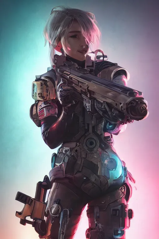 Image similar to beautiful portrait of a cyborg mercenary girl holding a rifle, art by wlop and artgerm, cyberpunk, neon, elegant, highly detailed, trending on artstation, sharp focus, caustics, octane render, radiant light, 4 k