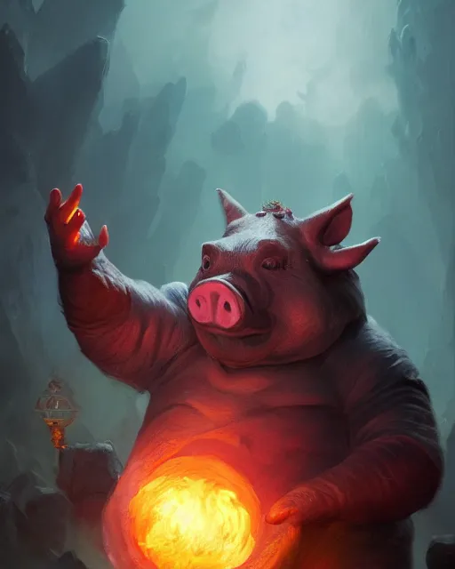 Prompt: oil painting of a Anthropomorphized pig casting an epic spell, sharp focus, heroic pose, fantasy style, octane render, volumetric lighting, 8k high definition, by greg rutkowski, highly detailed, trending on art Station, magic the gathering artwork, centered