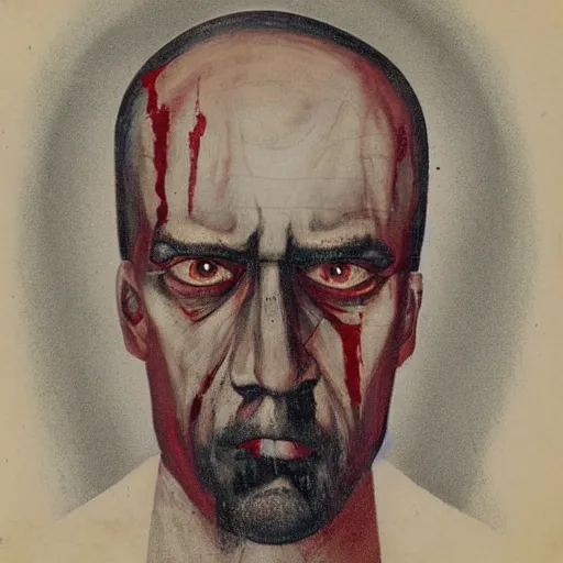 Image similar to portrait of alexander abdulov, with a red eyes, satanic body, head of old man, in blood of sinners, hellish style