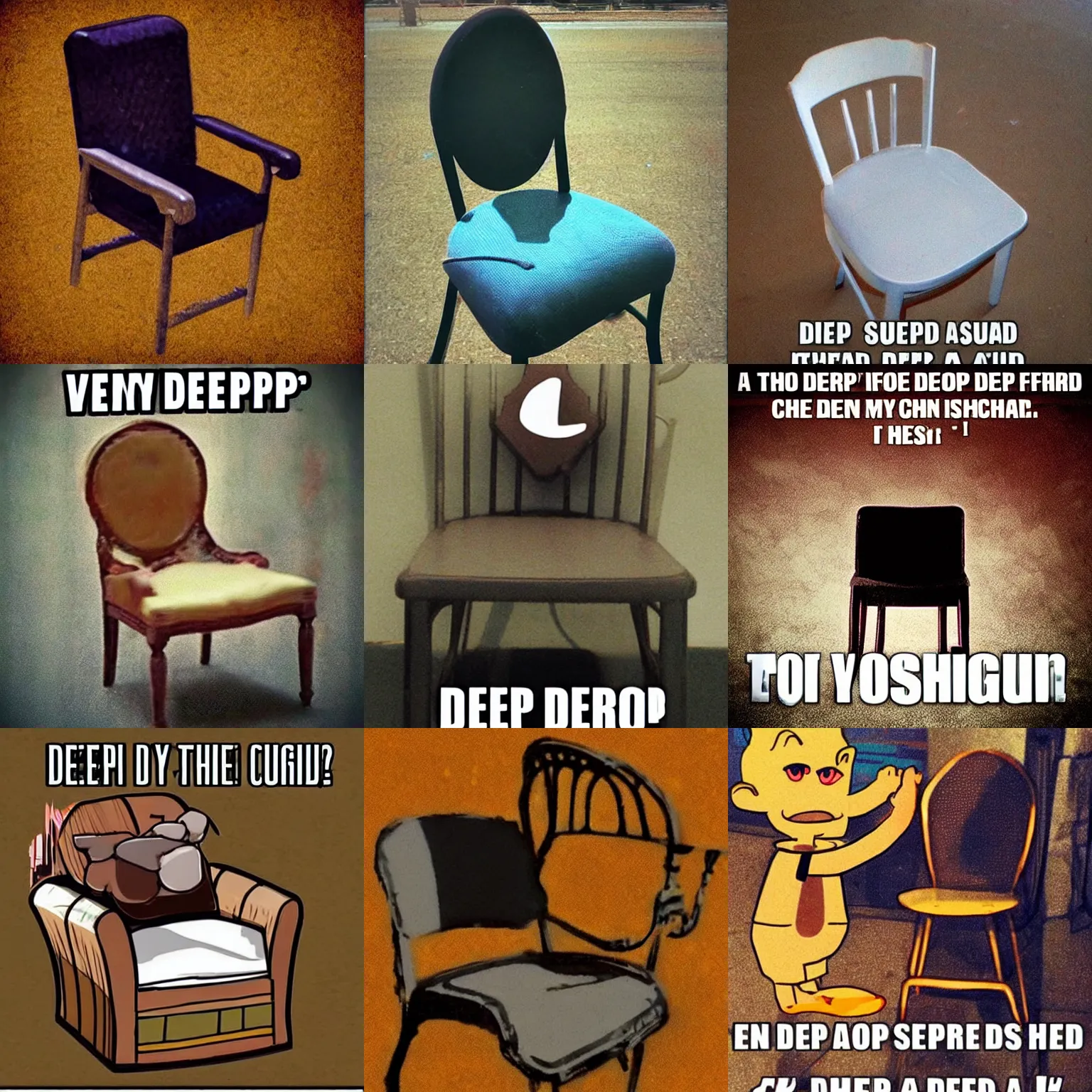 Prompt: a deep fried very surreal meme of ///CHAIR/// no text