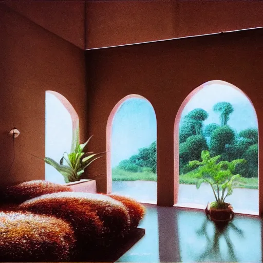 Prompt: 70s interior with arched windows, natural sunlight, summer, hanging plants, cinematic, cyberpunk, lofi, calming, dramatic, fantasy, by zdzisław beksiński, Fantasy LUT, high contrast, epic composition, sci-fi, dreamlike, surreal, angelic, cinematic, 8k, unreal engine, hyper realistic, fantasy concept art,