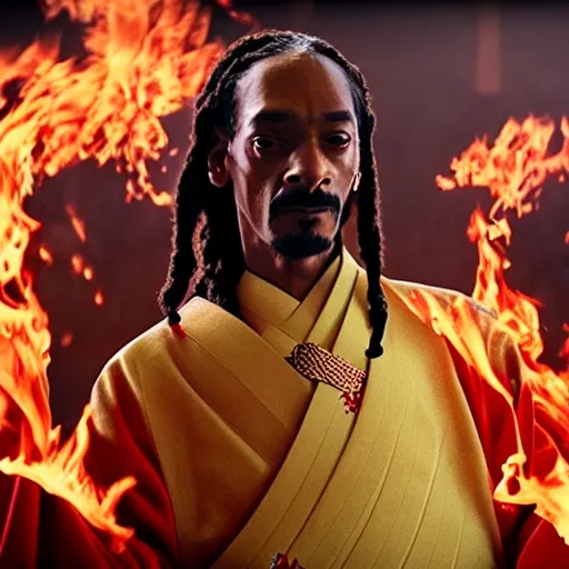 Image similar to cinematic film still of Snoop Dogg starring as a Samurai holding fire, Japanese CGI, VFX, 2022, 40mm lens, shallow depth of field, film photography