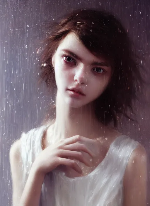 Image similar to close up picture of a white dress girl, hard breathing, messy hair, reaching a hands to the camera, treasures on the background, coveted, beautiful and aesthetic and attractive and detailed face, specular reflection, occlusion shadow, intricate, bokeh, masterpiece, by ilya kuvshinov and jeremy lipking and quentin mabille