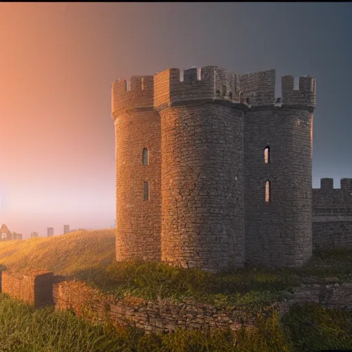 Prompt: Very very beautiful 3D render of a medieval castle at sunset, mountains are in the distance and fog is in the background. There is a detailed beautiful cobblestone bridge in the foreground leading to a huge castle. Cinema 4D, blender, octane, 8k, unreal engine