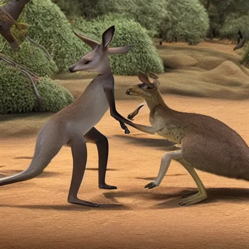 Prompt: a kangaroo fighting a turtle in an epic battle, highly detailed, 4 k