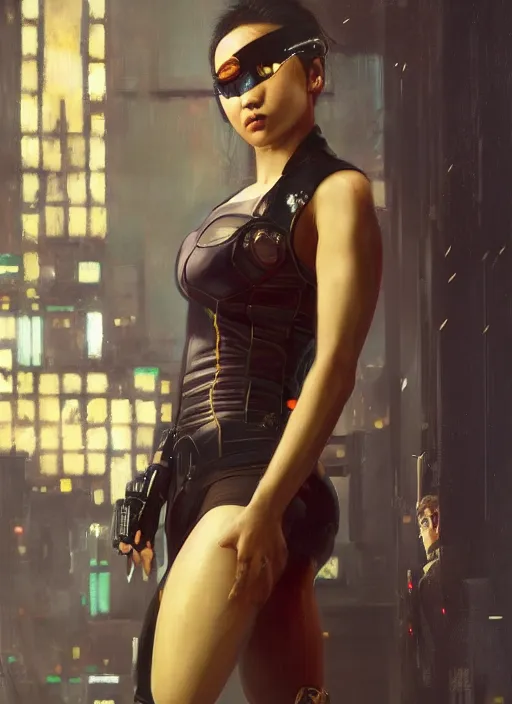 Image similar to Nikki Tanaka. Cyberpunk hitwoman in fashionable clothes (blade runner 2049, cyberpunk 2077). Orientalist portrait by john william waterhouse and James Gurney and Theodore Ralli and Nasreddine Dinet, oil on canvas. Cinematic, hyper realism, realistic proportions, dramatic lighting, high detail 4k