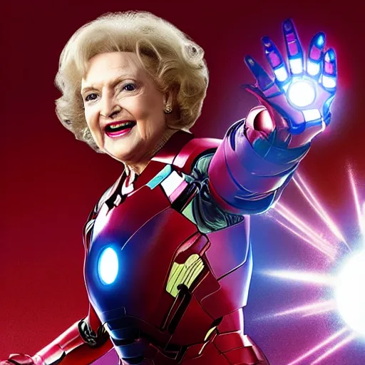 Image similar to promotional still of betty white as marvel's iron man [ film ], hero pose but shy, action, adventure, romance, imax 7 0 mm, 4 k