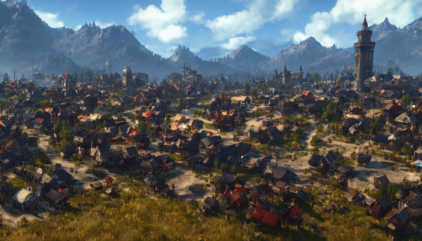 Prompt: a town in the style of a Witcher 3 screenshot