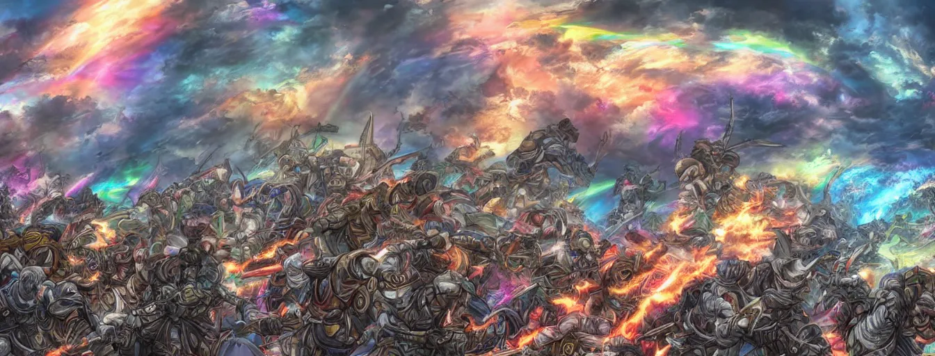 Prompt: a zoomed out panoramic view an army of ranbow soul calvary charging into the abyss. hyperrealistic anime background illustration by kim jung gi, colorful, extremely detailed intricate linework, smooth, super sharp focus, bright colors, high contrast, matte, octopath traveler, unreal engine 5 highly rendered, global illumination, radiant light