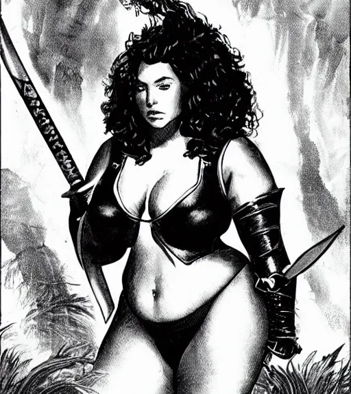 Image similar to 1 9 8 0 s fantasy novel book cover, bbw plus size amazonian 1 8 - year - old millie bobby brown in extremely tight bikini armor wielding a cartoonishly large sword, exaggerated body features, dark and smoky background, low quality print