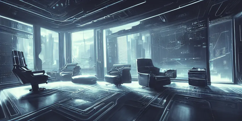 Image similar to ultra detailed photorealistic cyberpunk interior, cinematic light, sci fi, glossy, big cybernetic chair, wires, robotics, futuristic decor, trending on artstation, global illumination, ultra realistic illustration, matte painting, high detailed, unreal engine, octane render, 4 k, hd, high quality