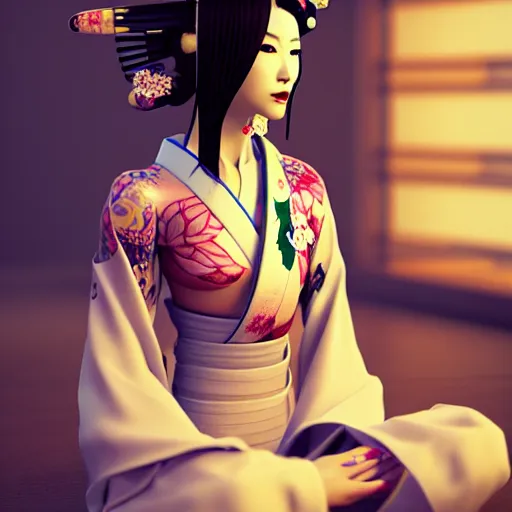 Image similar to an android geisha in a lotus position wearing a flowing kimono and tattoos, octane render, unreal engine, 8 k, cinematic, artwork by ilya kuvshinov