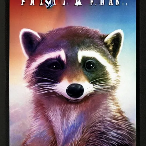 Prompt: final fantasy box art depicting a raccoon