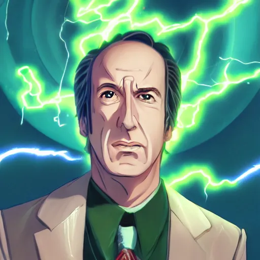 Image similar to portrait of saul goodman as the master of the green lightning, anime fantasy illustration by tomoyuki yamasaki, kyoto studio, madhouse, ufotable, trending on artstation