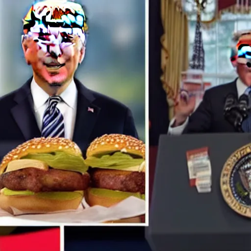 Image similar to joe biden accidentally uses a burger as a phone call