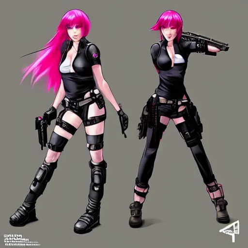 Image similar to concept art illustration of young japanese christina hendricks natalie portman as lara croft motoko kusanagi anime protagonist, pink hair, wearing tokyo harajuku street fashion, combat warrior fantasy bikini, intricate, elegant, art by artgerm and rosstran, masamune shirow