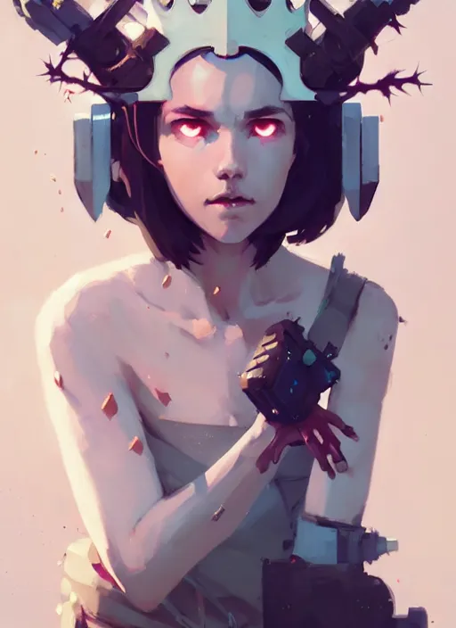 Image similar to portrait of cute gith maiden girl with crown of thorns and white short hairs, warhammer, cyberpunk, by atey ghailan, by greg rutkowski, by greg tocchini, by james gilleard, by joe gb fenton, by kaethe butcher, dynamic lighting, gradient light blue, brown, blonde cream and white color in scheme, grunge aesthetic