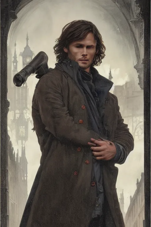 Image similar to a detailed matte portrait of sam \ winchester in a supernatural sherlock holmes story, 1 8 th century london in the rain, city streets, ominous, masterpiece, 8 k, art by alphonse mucha and greg rutkowski