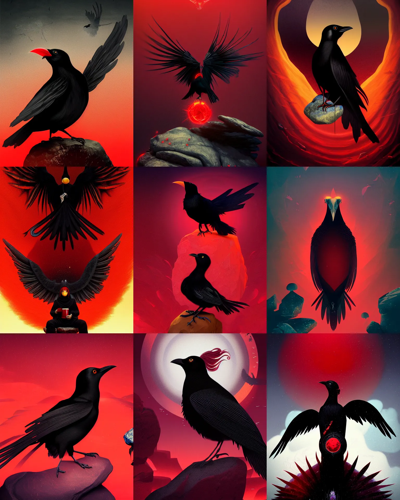 Prompt: beautiful digital fantasy illustration of a black bird with a red background, vanitas, wiccan, tarot card, angel sitting on a rock, abyssal warmth, cowboy plague doctors, octane render, detail texture, unreal engine, poster art by victo ngai, 8 k, photographic quality, ultra hyper realistic quality