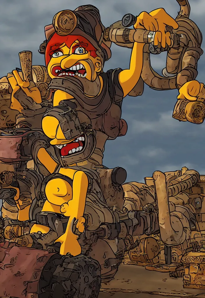 Prompt: Lisa Simpson Fury Road portrait, Borderlands screenshot 4k render