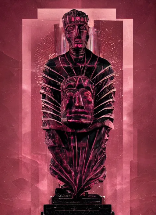 Prompt: elegant dark design poster showing a statue of julius caesar, black background with very subtle red and purple design elements, powerful, nekro, vito acconci, thin straight purple lines, dark, glitch art, neo vaporwave, gritty, layout frame, square, trending on artstation