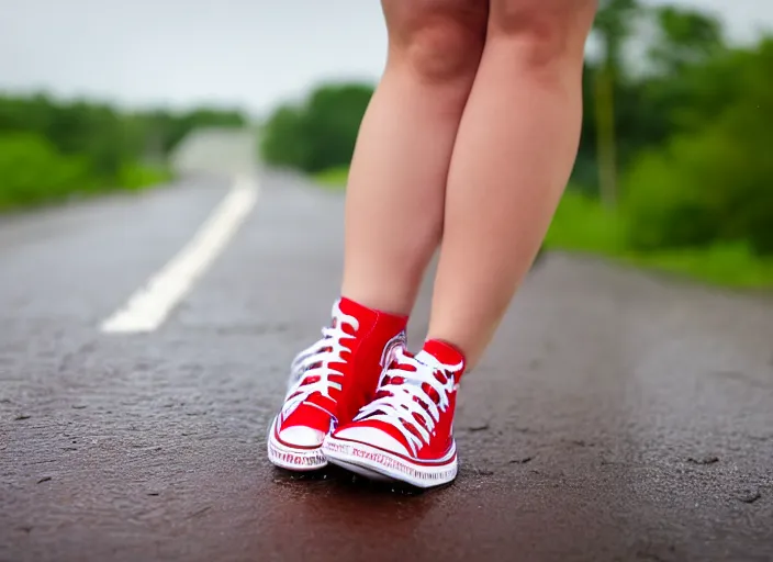 Image similar to side view of the legs of a woman hook sitting on the ground on a curb, very short pants, wearing red converse shoes, wet aslphalt road after rain, blurry background, sigma 8 5 mm