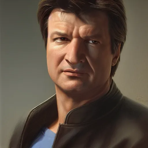 Image similar to A portrait of Nathan Fillion, highly detailed photorealistic, unreal 5, hugh definition, 8k, deviantart, donato giancola, oil painting