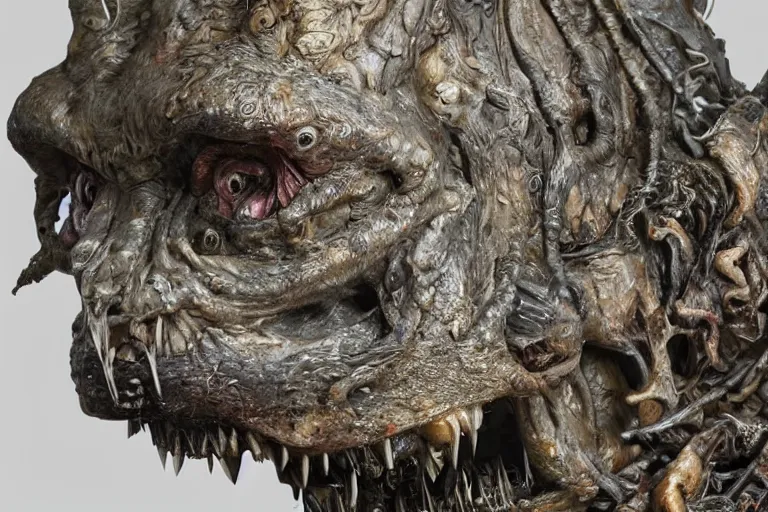 Image similar to photo taken of an epic intricate, ultra detailed, super realistic gritty, hero prop, exquisitely weathered animatronic movie prop of a lifelike sculpture of a nightmarish creature displayed in the workshop, created by weta workshop, full body shot, photorealistic, sharp focus