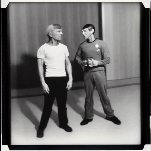 Image similar to a polaroid picture of Dr Emmet Brown and Commander Spock working out in a gym, 4k,