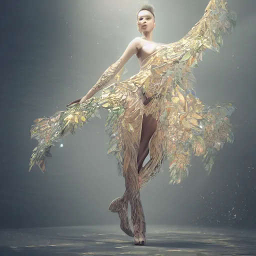 Image similar to a highly detailed ethereal full body digital image of a elegantly posed dancing futuristic woman beautifully intertwined in realistic chrome leafy foliage liquid like leaves, full body shot, by Andrew Chiampo, artstation, and Frederik Heyman, extremely detailed woman, stunning volumetric lighting, hyper realism, fantasy, intricate detail, 4k
