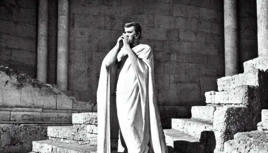 Image similar to 1 9 6 0 s movie still close - up of caligula in a white toga dead on the ancient amphitheater's stairs blood flaque, cinestill 8 0 0 t 3 5 mm, high quality, heavy grain, high detail, dramatic light, anamorphic, blood