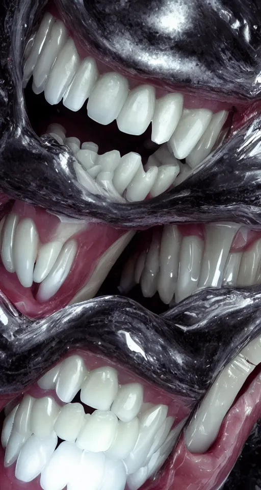 Image similar to up close shot of regular teeth with two vampire fangs, winter, dark scenery, dark lighting, cinematic, cold freezing nights, laser lights, cybernetic, top floor boss shit, destroy lonely, black floor, lavish, luxurious, marble walls, cinematic, hyper realism, high detail, octane render, 8 k