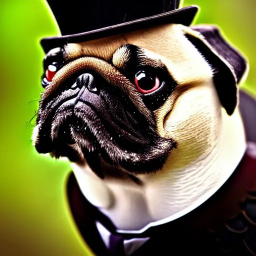 Image similar to closeup of a duck wearing a top hat, macro photography, overgrown pug, high resolution photo, trending on artstation