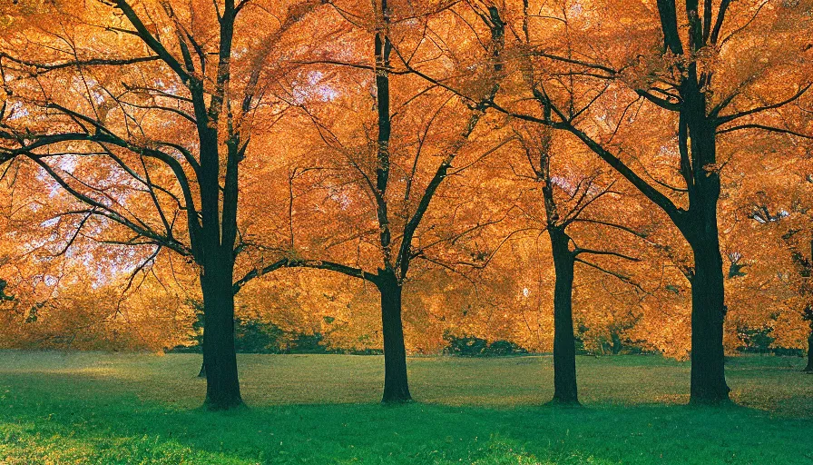 Image similar to maple trees, autumn, new jersey, northwest, farm, cinestill 8 0 0 t 3 5 mm 1 9 8 9, technicolor, heavy grain, high quality, high detail, warm light