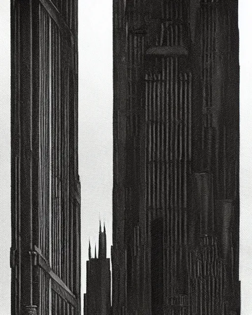 Image similar to a painting by image in the style of Hugh Ferriss. Black and dark grey. Tall, wide, imposing building in a dramatically lit metropolis. eerie. incomprehensible size.