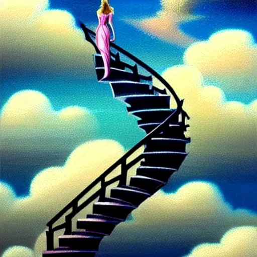 Image similar to portrait of woman walking up an infinity staircase in the clouds, sky background, art by peter lloyd, 1 9 8 0's art, retro art airbrush style, art by hajime sorayama,, intricate, elegant, sharp focus, illustration, highly detailed, concept art, matte, sharp focus, illustration, highly detailed, concept art, h 6 4 0