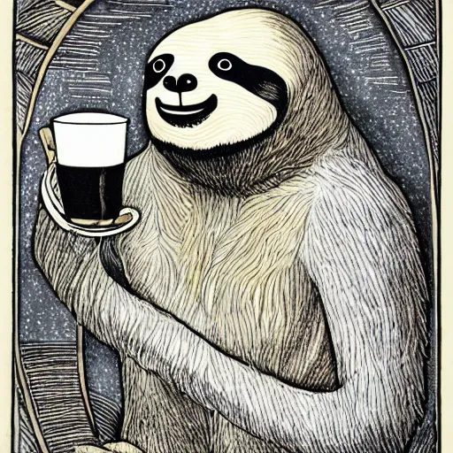 Image similar to sloth as the king of cups, full view, traditional art