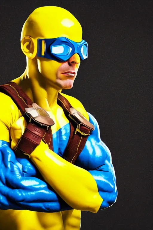 Image similar to marvel superhero, strong man with blue and yellow costume, goggles and leather helmet, yellow boots, yellow gloves, detailed portrait, cell shaded, 4 k, concept art, illustration by john byrne and terry austin. cinematic dramatic atmosphere, sharp focus, volumetric lighting, cinematic lighting, studio quality